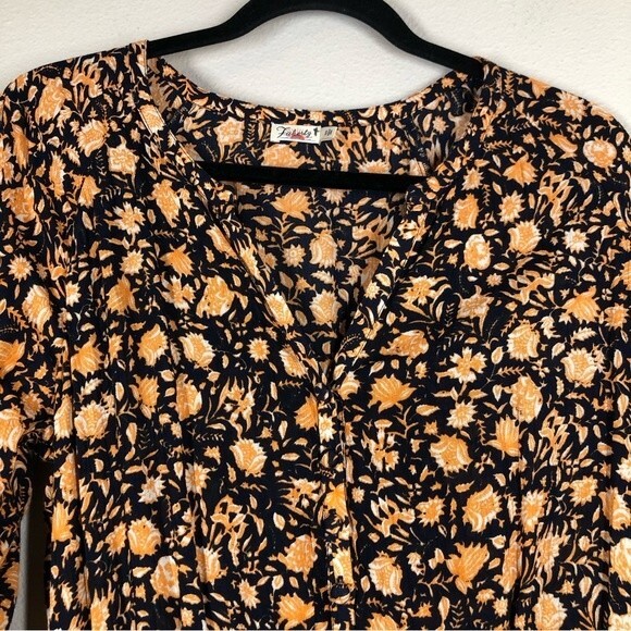 Faherty Montara Long Sleeve Dress in Wanderlust Floral Blue Orange Small - Picture 2 of 8